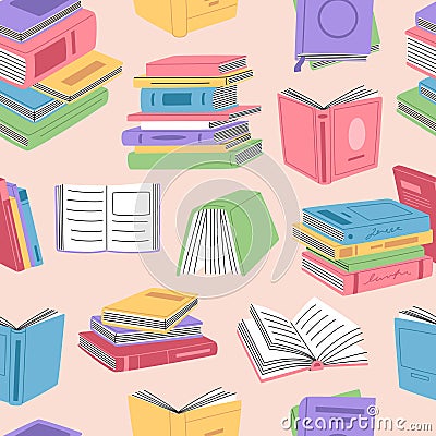 Cute retro books in colorful covers seamless pattern. Stacks of literature and textbooks for reading Vector Illustration